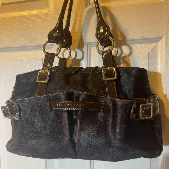 Plinio Visona  leather Brown Calf Hair Patent trims Shoulder Bag Gold Hardware - Picture 8 of 16